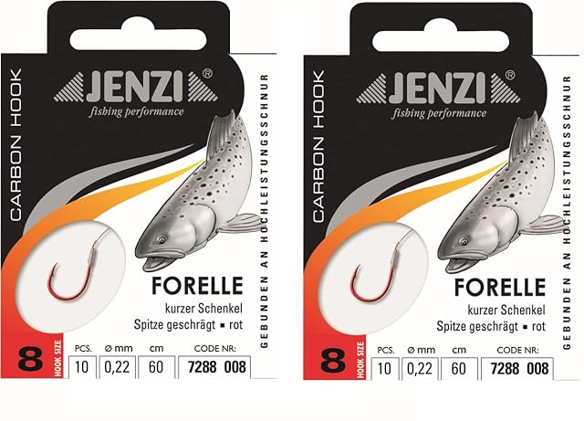 Jenzi gebundene Forellenhaken an 60-cm-Monofil-Vorfächern, Größe 8
