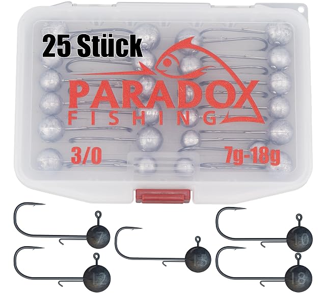 Paradox Fishing 25-teiliges 3/0-Jigkopf-Set in fünf Gewichten