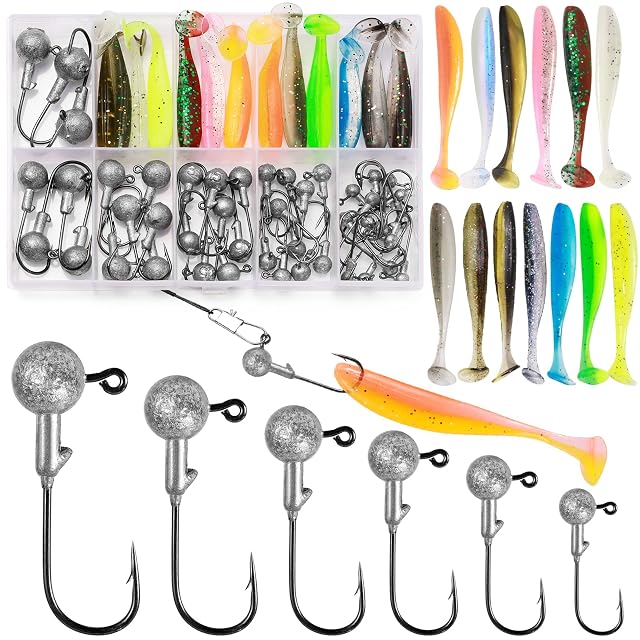Annyswit 58-teiliges Jigkopf-Set mit Gummikörpern in einer Fächerbox