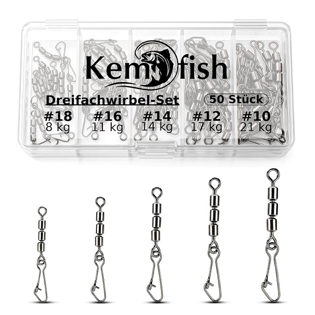 Kemfish 50-teiliges Dreifachwirbel-Set mit Karabinern und Box
